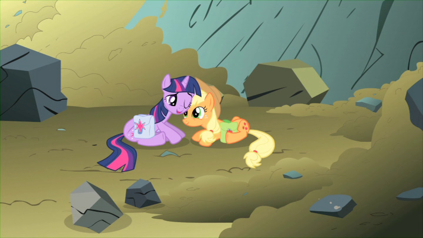 Twilight nuzzles Applejack.