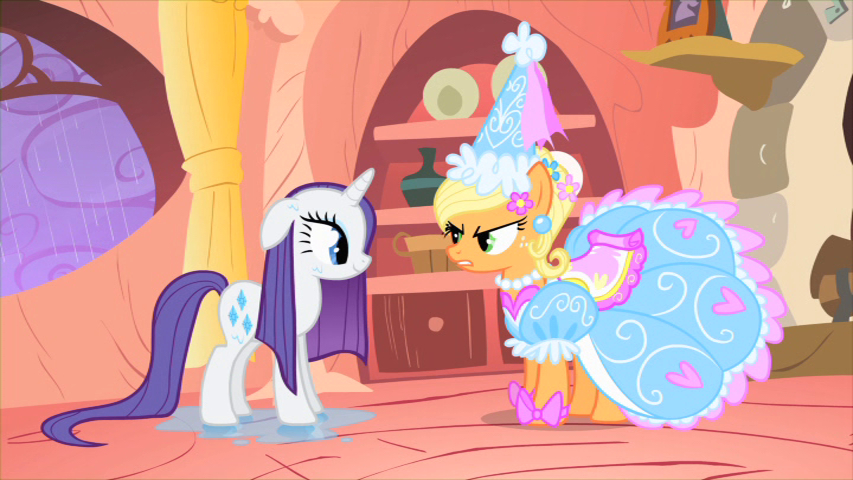 AJ dressed up and Rarity soaked.