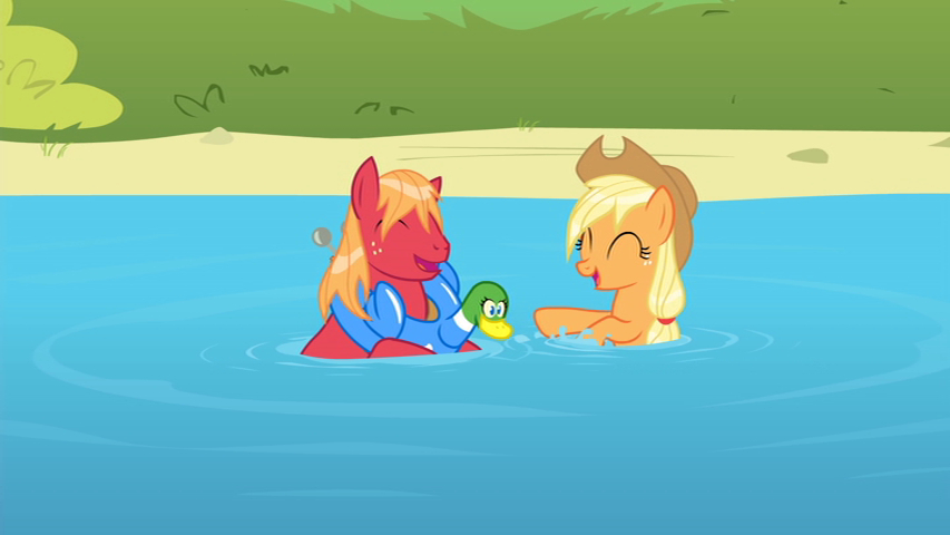 Big Mac and Applejack playing in lake